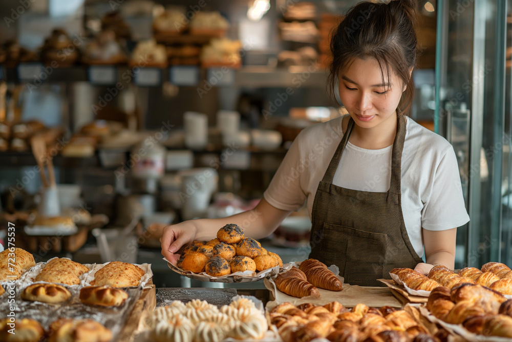 Female owner arranging pastry on tray at bakery