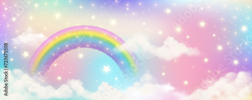 Holographic fantasy rainbow unicorn background with clouds. Pastel color sky. Magical landscape, abstract fabulous pattern. Cute candy wallpaper. Vector.