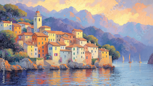 фотография Sunset bathes a quaint Mediterranean village in golden light, where rustic houses cluster near the serene sea, evoking the timeless charm of the French Riviera