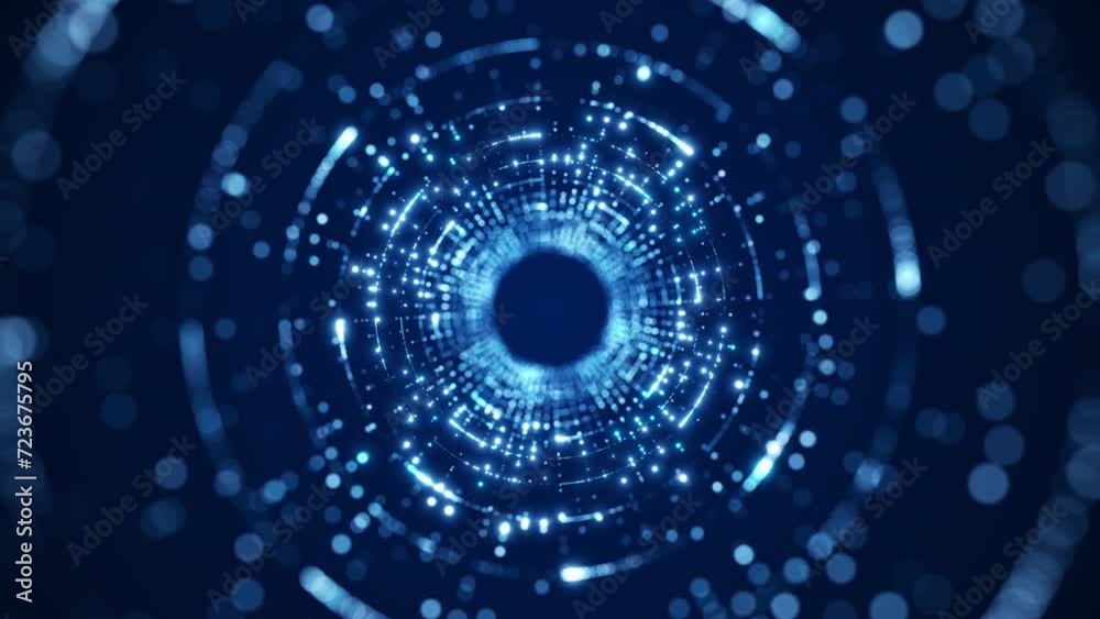 Abstract circular particle tunnel technology background concept on dark blue background digital presentation effect backdrop