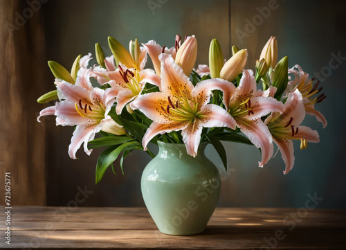 Lilies in a vase on a wooden table
