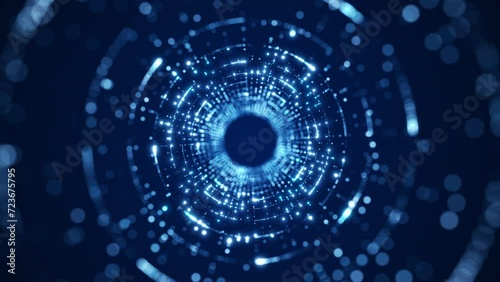 Abstract circular particle tunnel technology background concept on dark blue background digital presentation effect backdrop