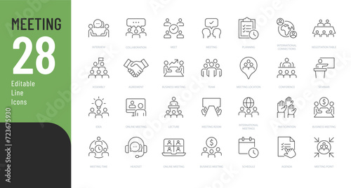 Vector illustration in modern thin line style of business related icons: types of meetings, call, online meetings, and more. Isolated on white photo