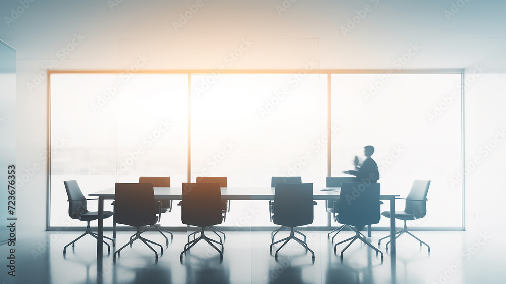 modern office, meeting room interior with an empty table, against the background of a large panoramic window modern office, meeting room interior with an empty table, against the background of a large panoramic window