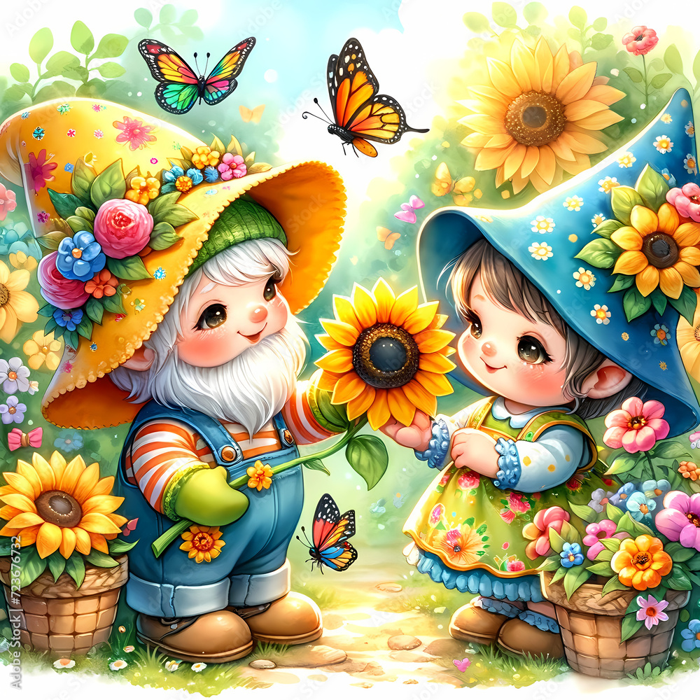 Cute summer gnomes, sunflowers, butterflies, summer children's illustration