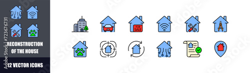 Reconstruction of the house icons. Smart house icon set. Flat style