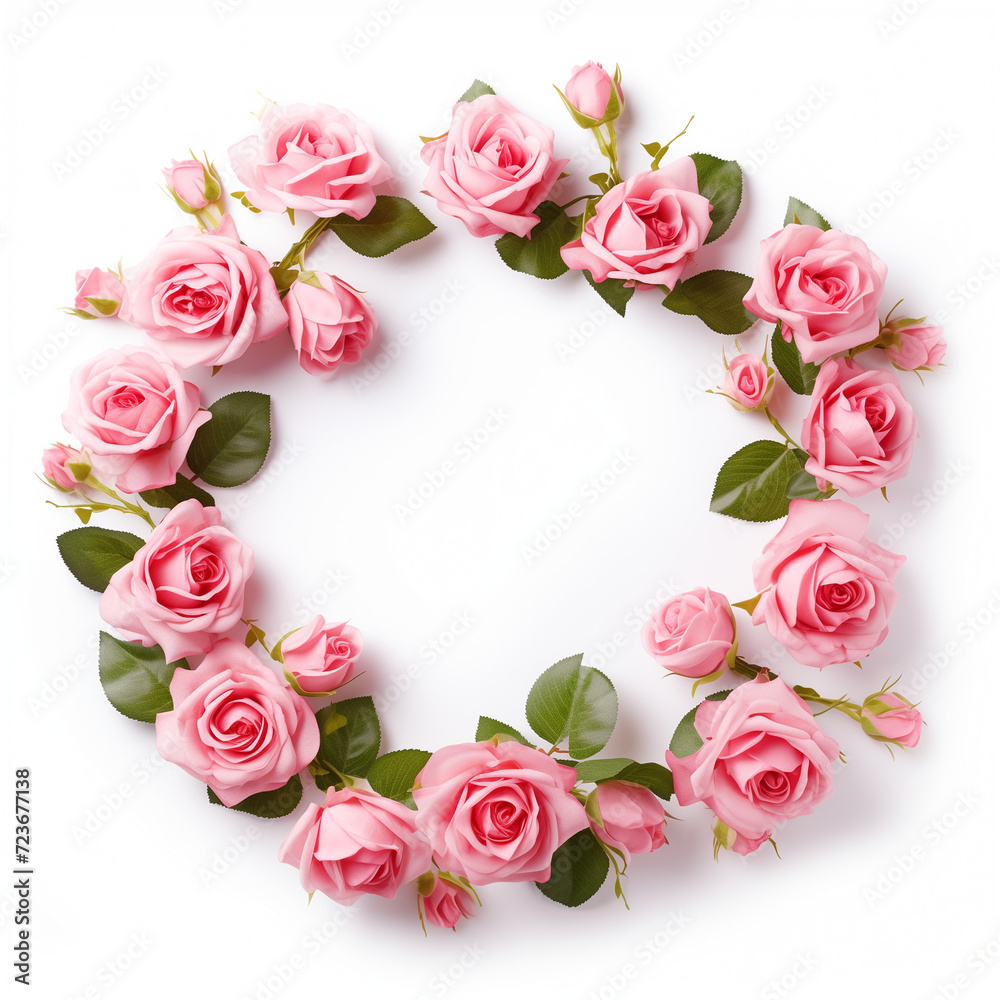 A beautiful circle of pink garden roses, with delicate petals and artificial flowers, creates a stunning floral design in a serene garden setting