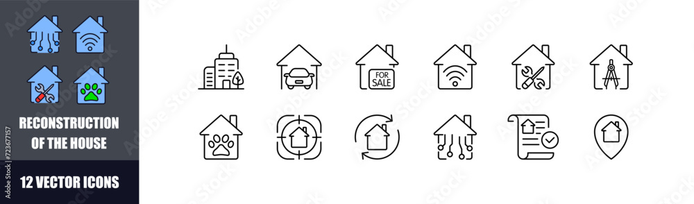 Reconstruction of the house icons. Smart house icon set. Linear style. Vector icons Reconstruction of the house icons. Smart house icon set. Linear style. Vector icons