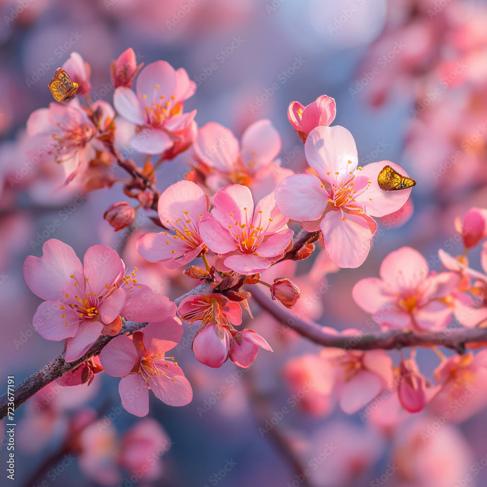 A vibrant burst of pink cherry blossom petals blooming in the spring sunshine, evoking feelings of renewal and beauty in the outdoor world