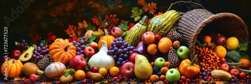 A picturesque cornucopia overflowing with an abundance of seasonal fruits and vegetables