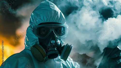 An action shot of a biohazard investigator in protective gear, decontaminating an area with a powerful spray, their determined expression showing the seriousness of their task. photo