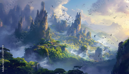 illustration of a fantasy land with lots of clouds