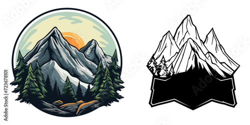 Set of mountain and landscape vector illustration.