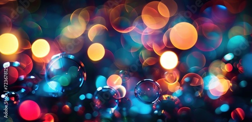 Blurry confetti, water bubbles, bokeh lights, multicolored blurry light, depth of field, abstract background, multicolor, rainbow, haze, city lights, Generative AI 