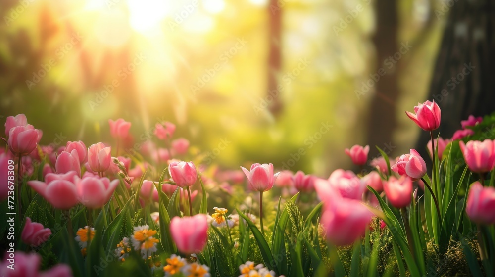 Spring tulips in bloom, basked in golden sunrise light.