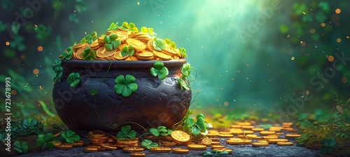 St. Patrick's Day Gold Rush: A Leprechaun's Treasure Chest of Gold Coins and Clover Leaves Generative AI