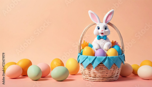 Easter scene with playful toy rabbits and colorful eggs. Rabbits are sitting in baskets with bright and colorful eggs.