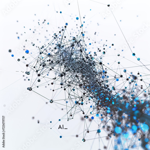 Black and blue cloud of data points in a network converging with the text AI overlaid on top. Isolated against white background