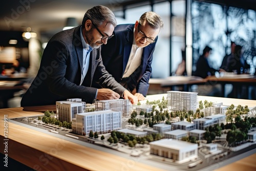 architects planning real estate commercial business city, investor businessman in architect office looking at house model prototype design and blueprint 3D visualization photo