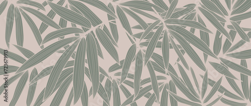 Abstract foliage botanical background vector. beige wallpaper of tropical plants, leaf branches, palm leaves, line art. Foliage design for banner, prints, decor, wall art, decoration.