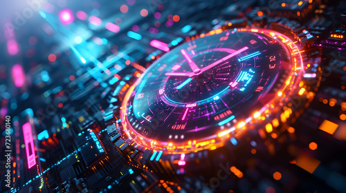 Time Technology Design with Clock Background and Neon Lights