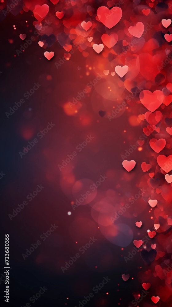 Abstract background for Valentine's Day theme with red Hearts copy space for text. Blurred backdrop. Vertical banner. AI Generated