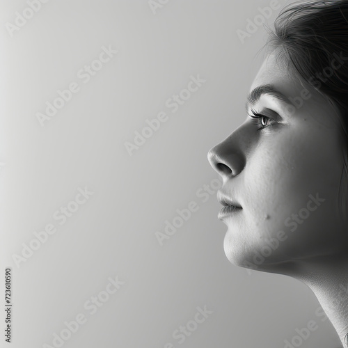 Side profile shot of a woman employee listening to an office discussion. Shoot on the concept of psychological safety, employee wellbeing, anxiety and stress. Black and white, monochrome