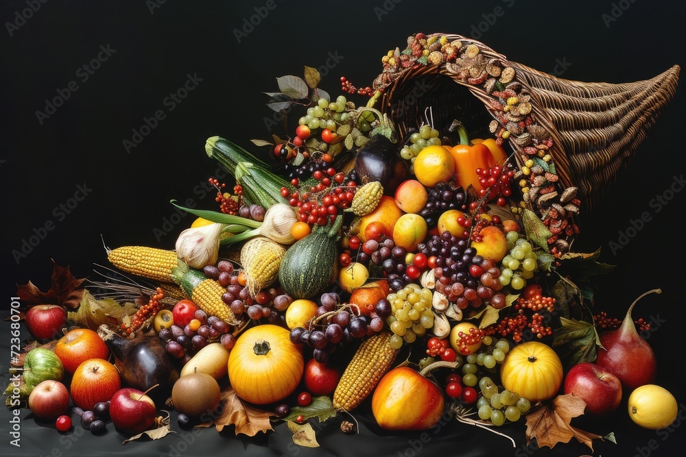 A picturesque cornucopia overflowing with an abundance of seasonal fruits and vegetables