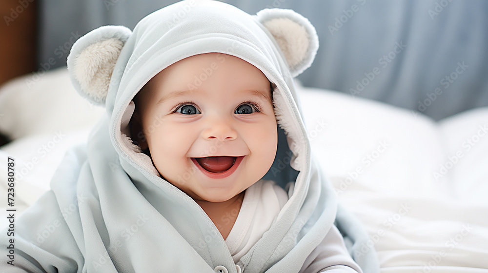 A smiling child in a blue robe with a hood and ears lies on the bed. A smiling child in a blue robe with a hood and ears lies on the bed.