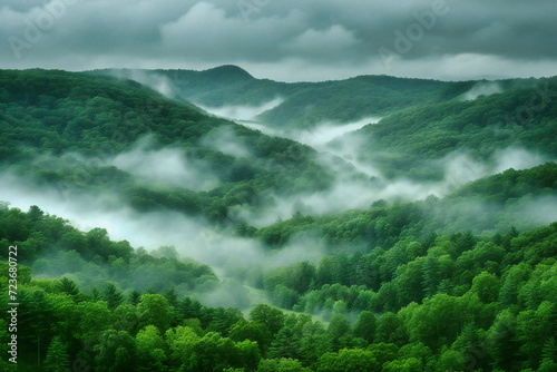 Nature Forest Fog Landscape Mountains Travel Mist Green Hill Scenic, Trees Scenery View Beautiful Sky Morning Environment Tourism Background Valley