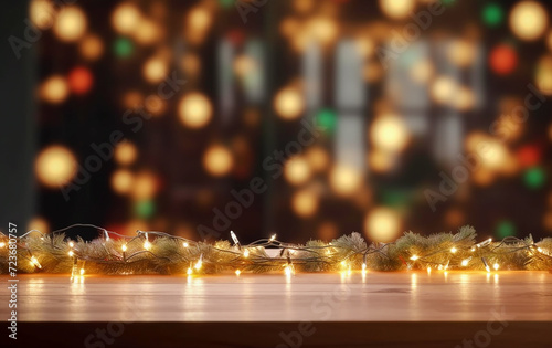 Wooden table with blurred background of a room decorated with Christmas garlands. gold background