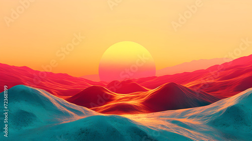 Colorful 3D Landscape with Mountains and Sun