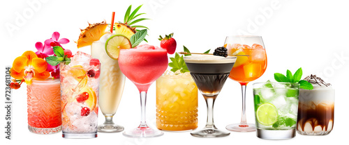 Set and collection of classic alcohol cocktails or mocktail isolated on white background with fresh summer fruits