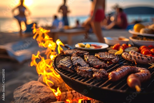 Barbecue party with people in the background, beach party, sand, sea, grilled steak and sausage, grilled meat, fire, summer party, barbecue at the beach,  people having fun, family, Generative AI photo