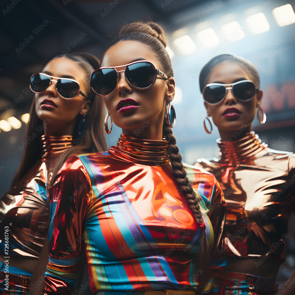 Woman in 80s Futuristic Holographic Retro Outfit Woman in 80s Futuristic Holographic Retro Outfit