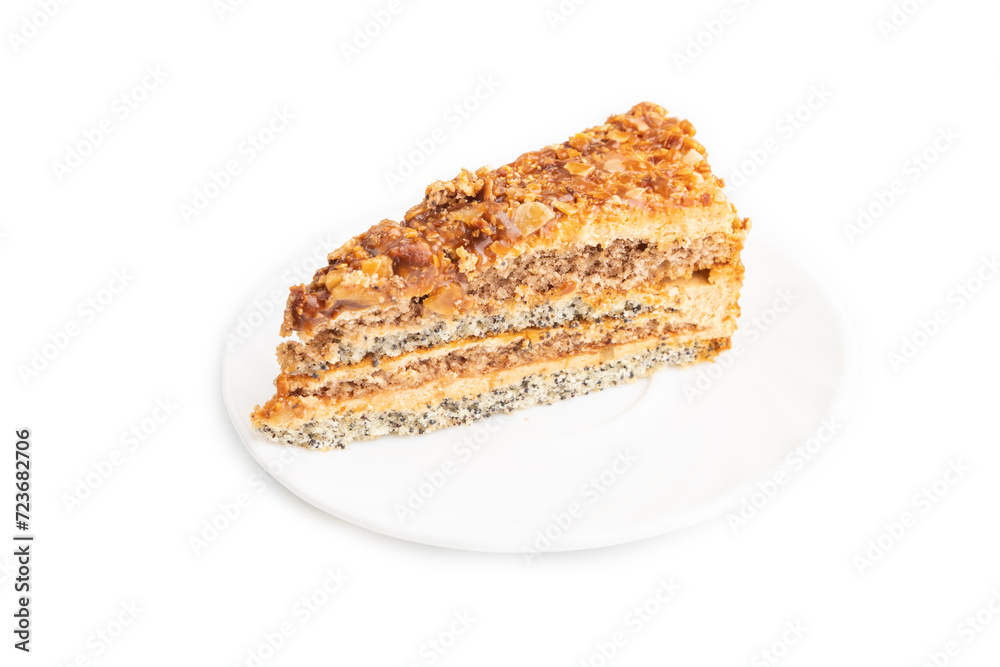 Walnut and hazelnut cake with caramel isolated on white. side view Walnut and hazelnut cake with caramel isolated on white. side view