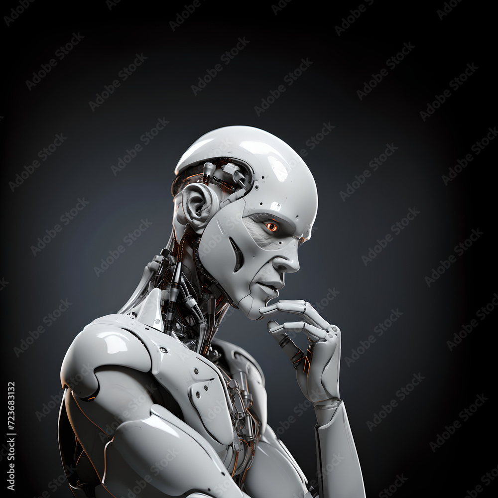 Robot is artificial intelligence, thinks, analyzes. Futuristic design, humanoid. Side