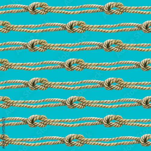 Seamless pattern of rope cords with knots. Hand drawn illustration. Nautical thread whipcord with loop and noose. Hand painted watercolor on blue green background. For Print, wrapping, crafting.