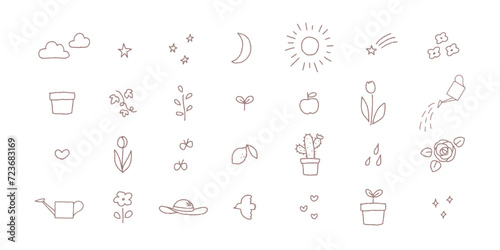 シンプルでかわいい装飾イラストセット　落書き　植物　庭　ガーデニング