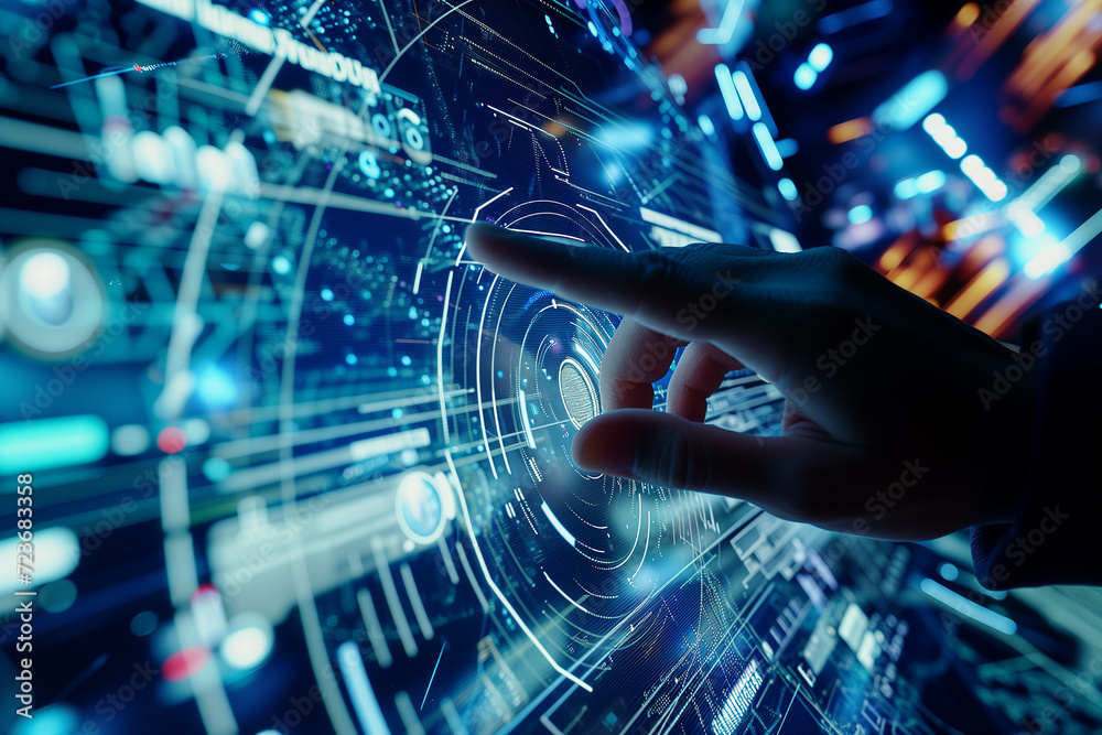 Technology progress, human hand on future display Technology progress, human hand on future display
