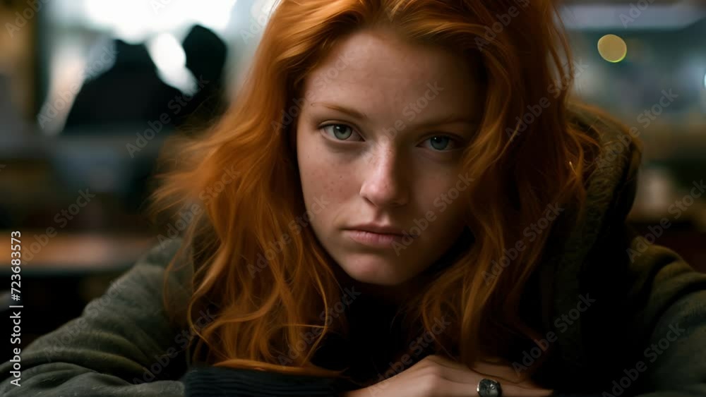 woman in height of life, yet with visage reflecting inner loneliness. Caucasian, with melancholic blue eyes contrasting auburn hair, seated solo in bustling coffee shop, amidst constant buzz woman in height of life, yet with visage reflecting inner loneliness. Caucasian, with melancholic blue eyes contrasting auburn hair, seated solo in bustling coffee shop, amidst constant buzz
