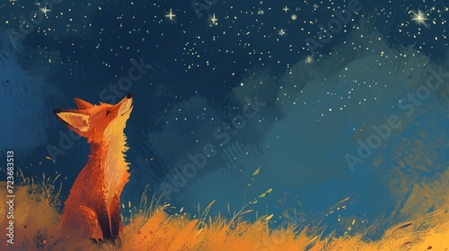 A heartwarming scene with a little fox looking up at a star-filled sky. Hopeful expression as he makes a wish, like book illustration