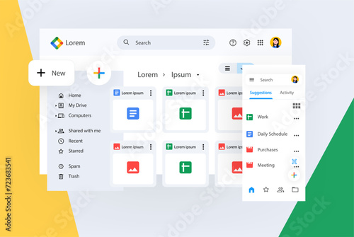 File Storage and Synchronization Service. Interface Elements fly around the web page. Cloud Document Data program. Vector illustration