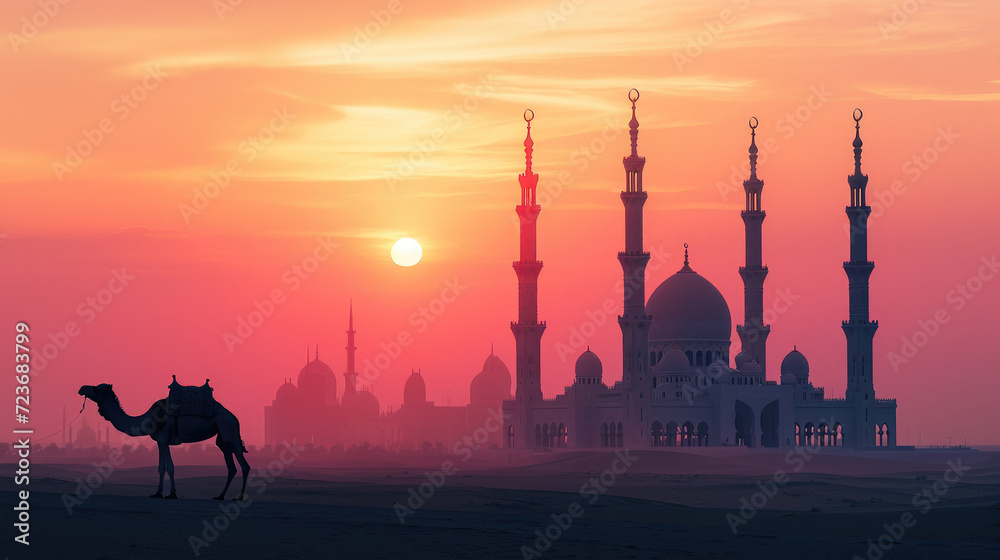 Magnificent mosque in the desert with warm sunset light and a camel resting nearby, beautiful orange sky