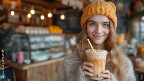 Cafe customer holding a drink with a paper straw