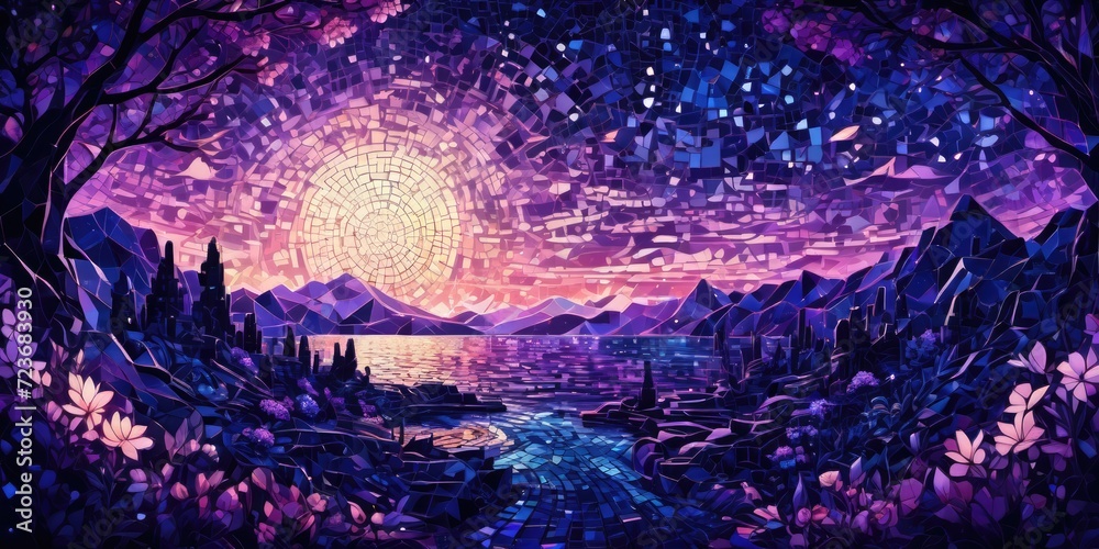 Midnight purple twilight landscape. Mosaic Art