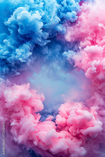Panoramic view of the abstract neon fog with frame in the middle. Colourful cloudiness, mist or smog moves. Beautiful swirling smoke. Mockup for your logo. Wallpaper or web banner.