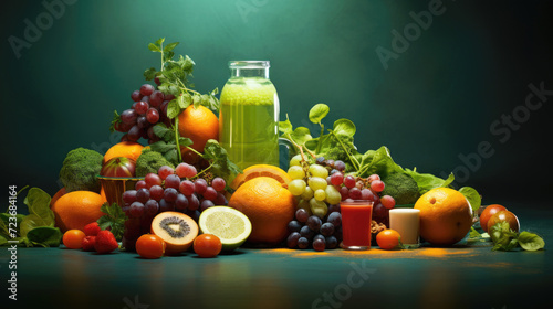 Assorted fresh fruits and vegetables with a jar of smoothie on a dark green background. Healthy eating  diet concept.