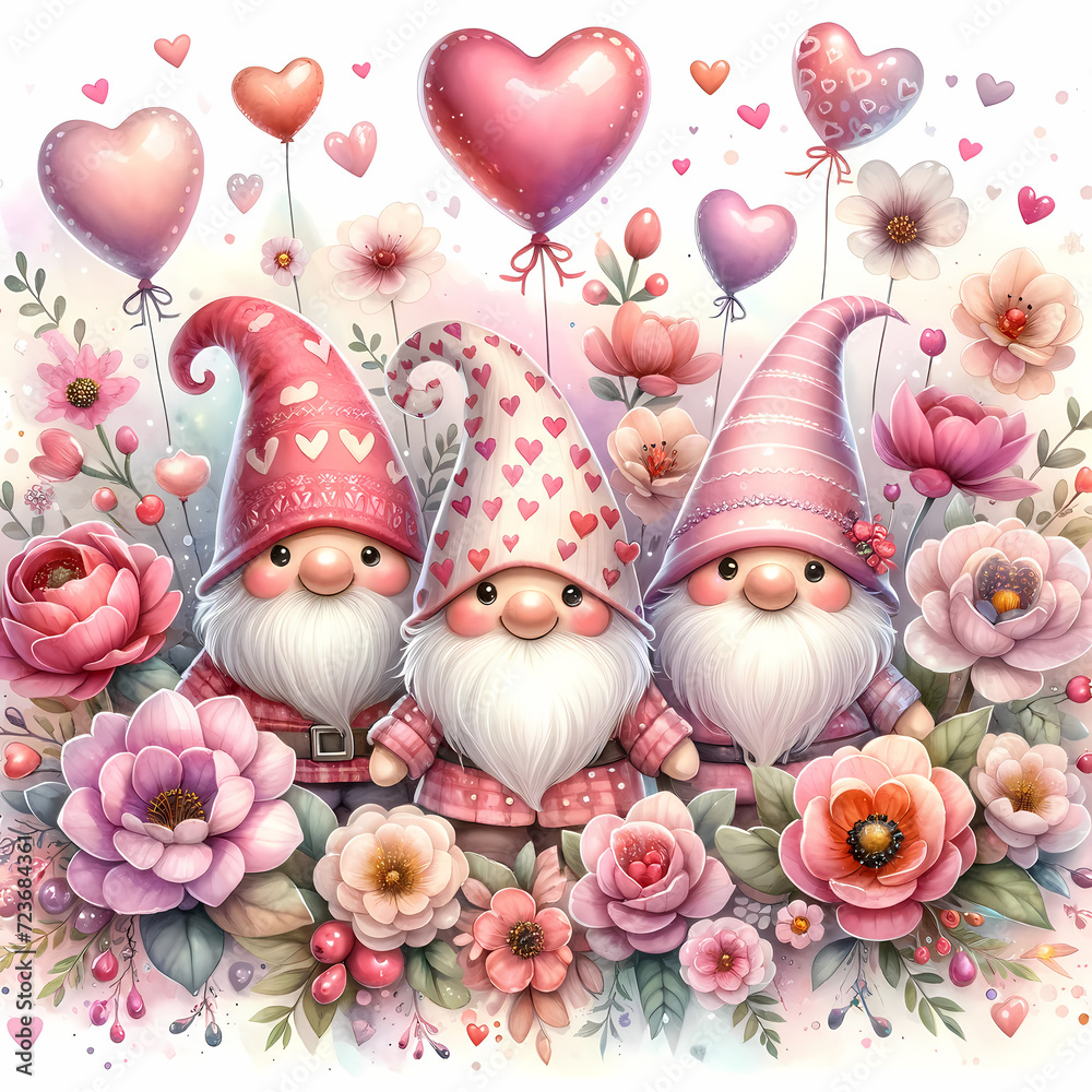 Cute valentine gnomes, red flowers, pink hearts, valentines day illustration