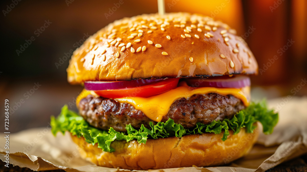Homemade cheeseburger with cheese and vegetables served with french fries and salad